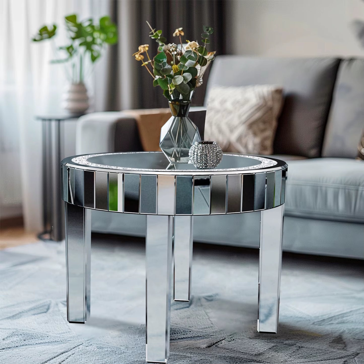 Luxury Modern round Mirrored Accent Side Table with Crystal Diamonds Inlay for Bedside Table