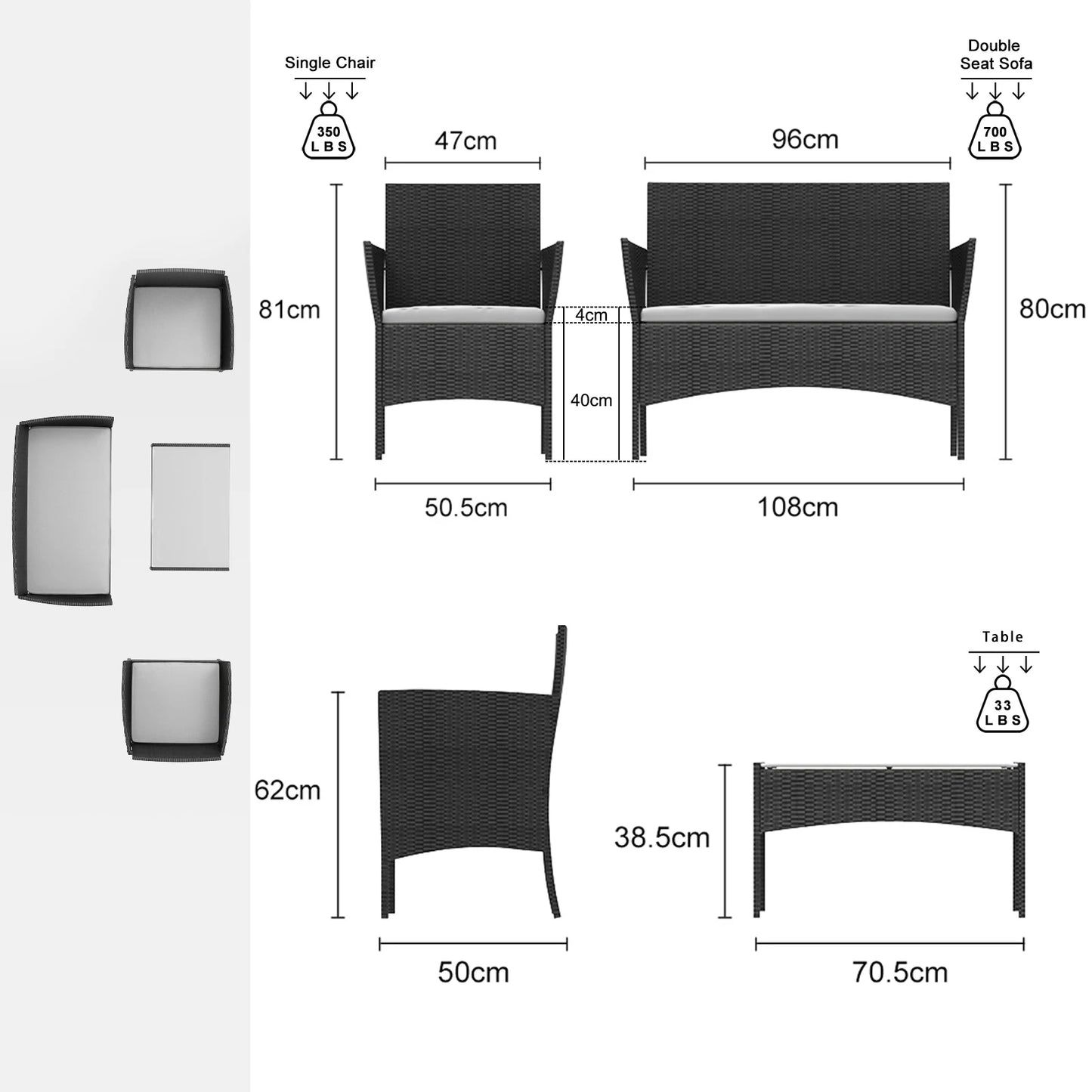 4 Piece Rattan Garden Furniture Set with Cushions Patio Outdoor