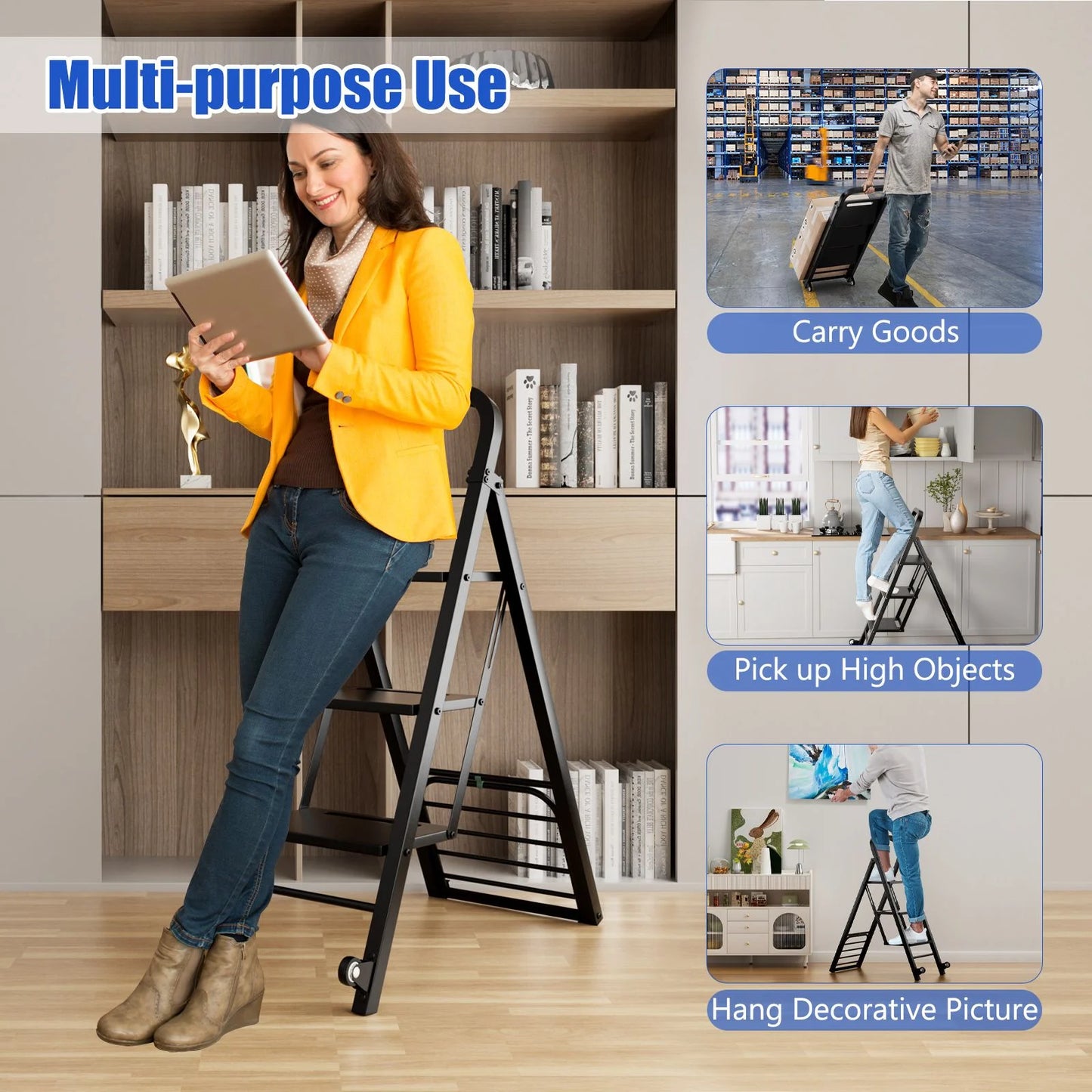 2-In-1 Hand Truck and Ladder Foldable 3-Step Ladder with Non-Slip Wide Pedals