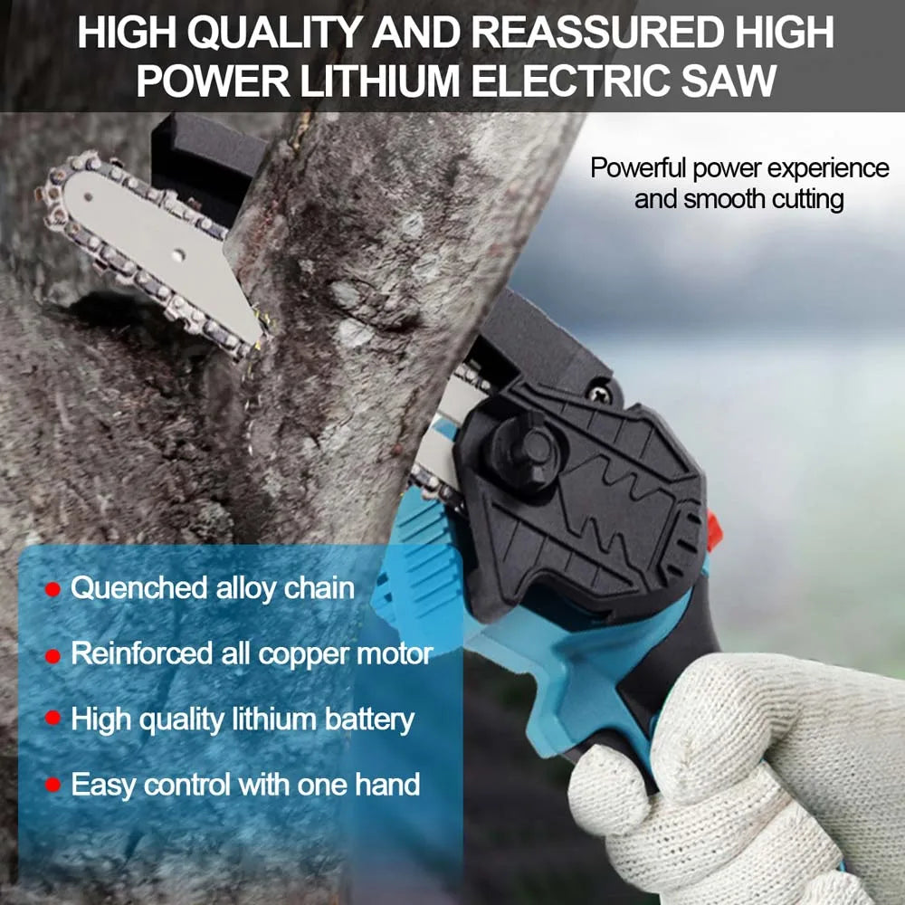 6 Inch 4000 Watt Portable Mini Cordless Chainsaw Electric Single Hand Saw Wood Cutter with 2 Battery Rechargeable Lightweight