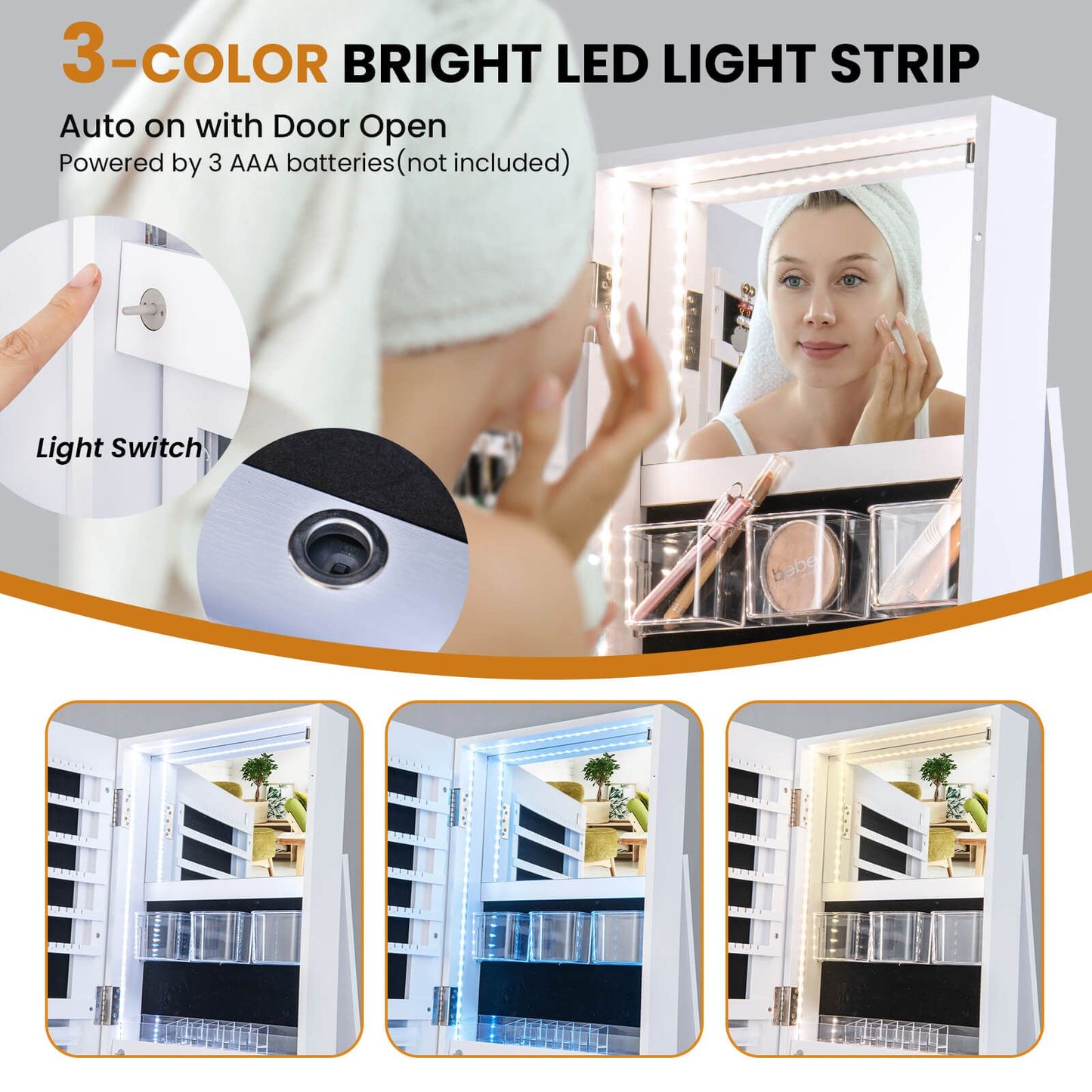 360-Degree Mirrored Jewelry Armoire with 3-Color Auto-On LED Lights