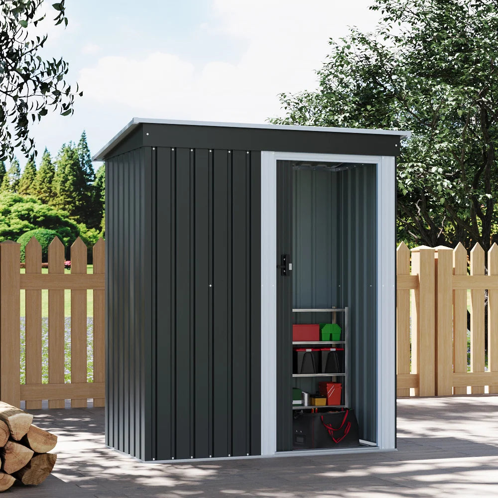Outdoor Water-Resistant Galvanized Steel Storage Shed with Sloping Roof，Lockable Door for Lawn Patio Backyard