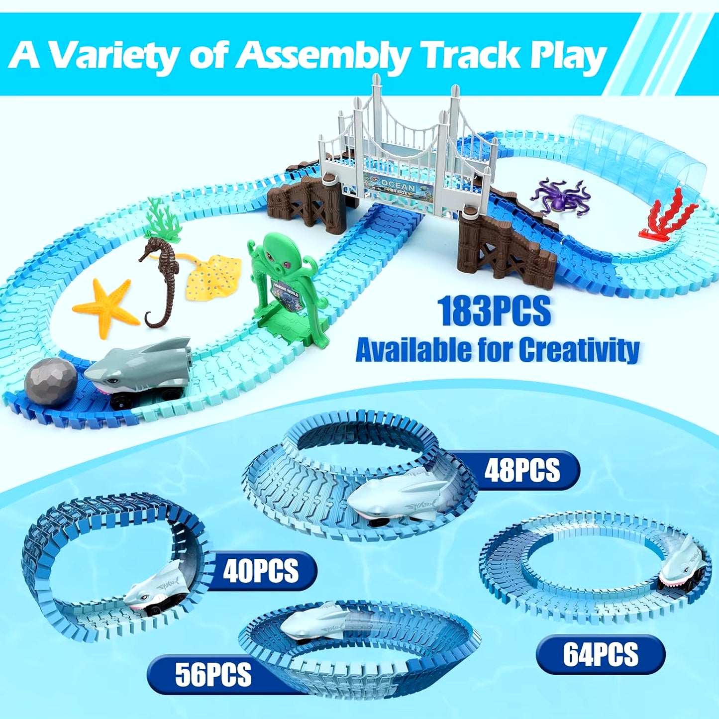 Shark Race Car Track Set - Bendable Flexible Racetrack for Kids 3+ | STEM Ocean Train Toy for Boys & Girls