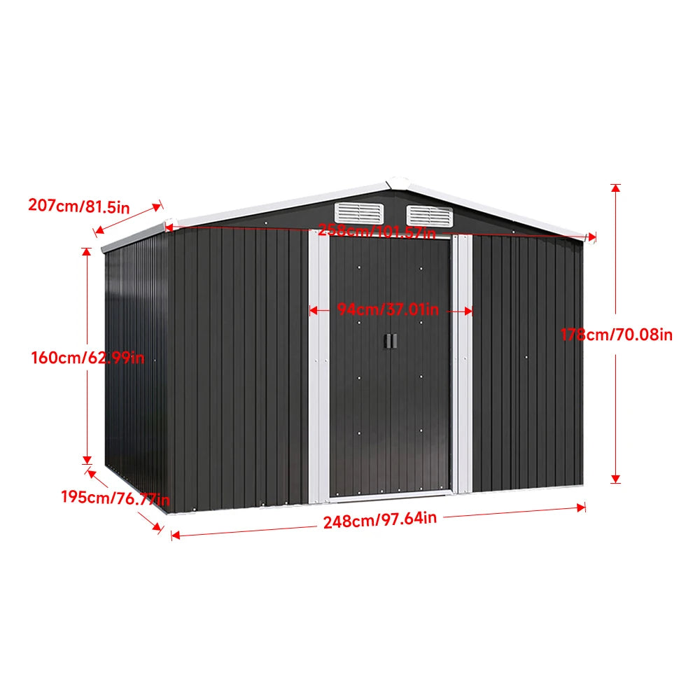 6 X 8 FT Black Outdoor Storage Shed, Metal Large Shed Garden with Air Vent, 2 Slide Door
