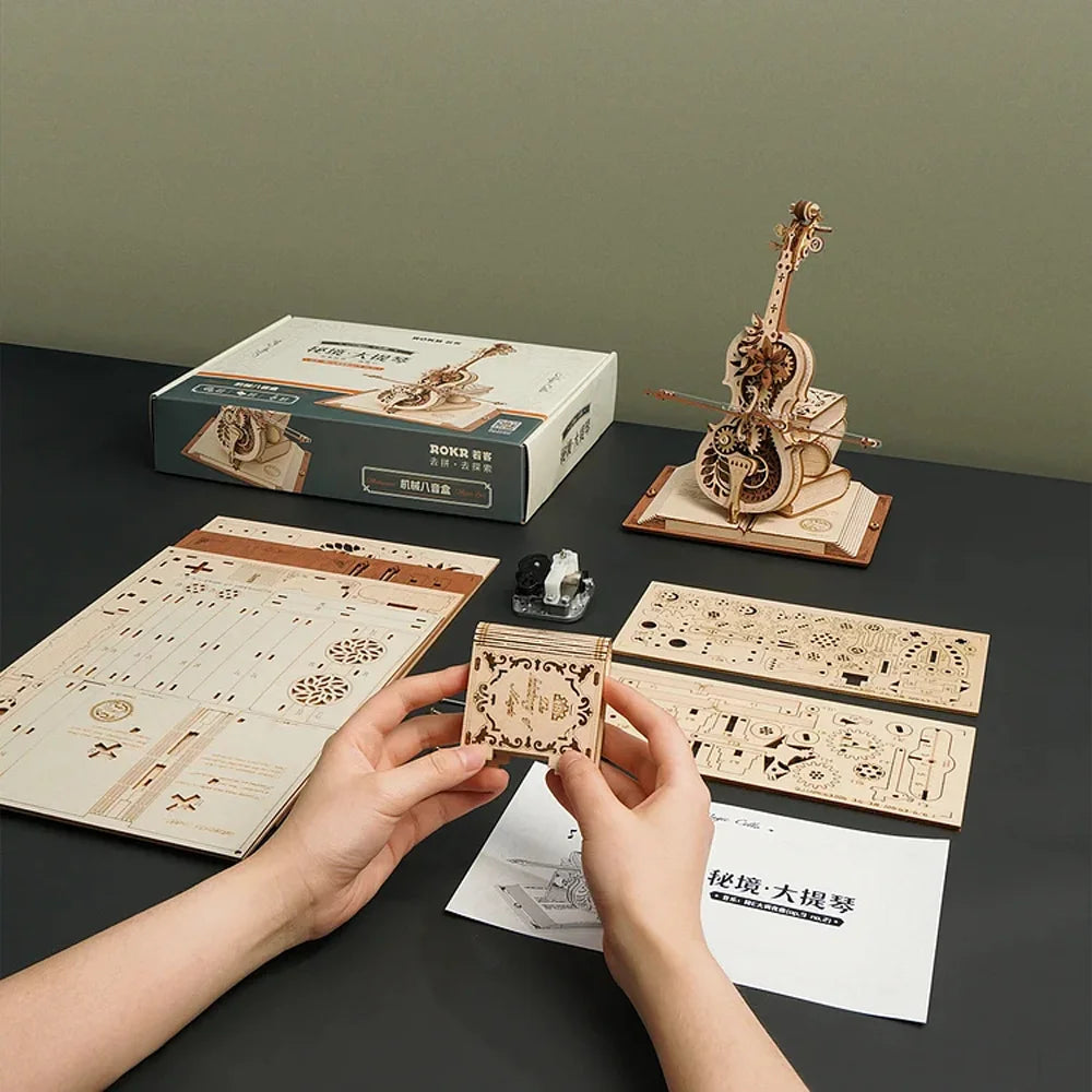 ROKR 3D Wooden Puzzle Magic Cello Mechanical Music Box - Fun & Creative Moveable Toy for Kids and Girls AMK63