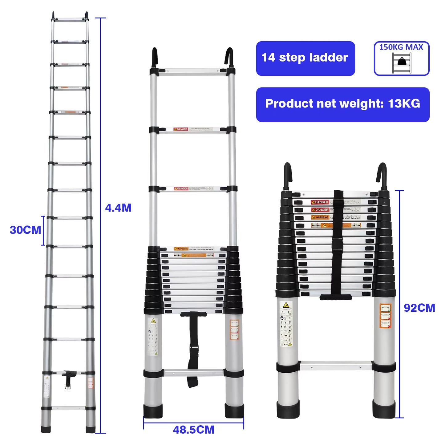 Multi-Size Aluminium Telescopic Ladder with Non-Slip Feet,Adjustable Lightweight Ladder for Home or Caravan, 330Lb Load Capacity