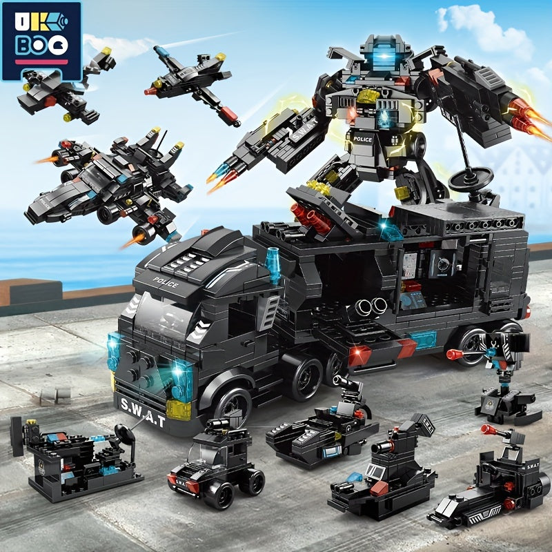 8 In 1 City Series Building Blocks 3 Changes SWAT Station Assembled Car City Machine Helicopter Robot Toys For Children