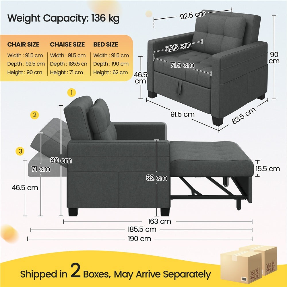 Convertible Sleeper Chair, 3-In-One Chair Bed with Adjustable Backrest and Pillow for Limited Space
