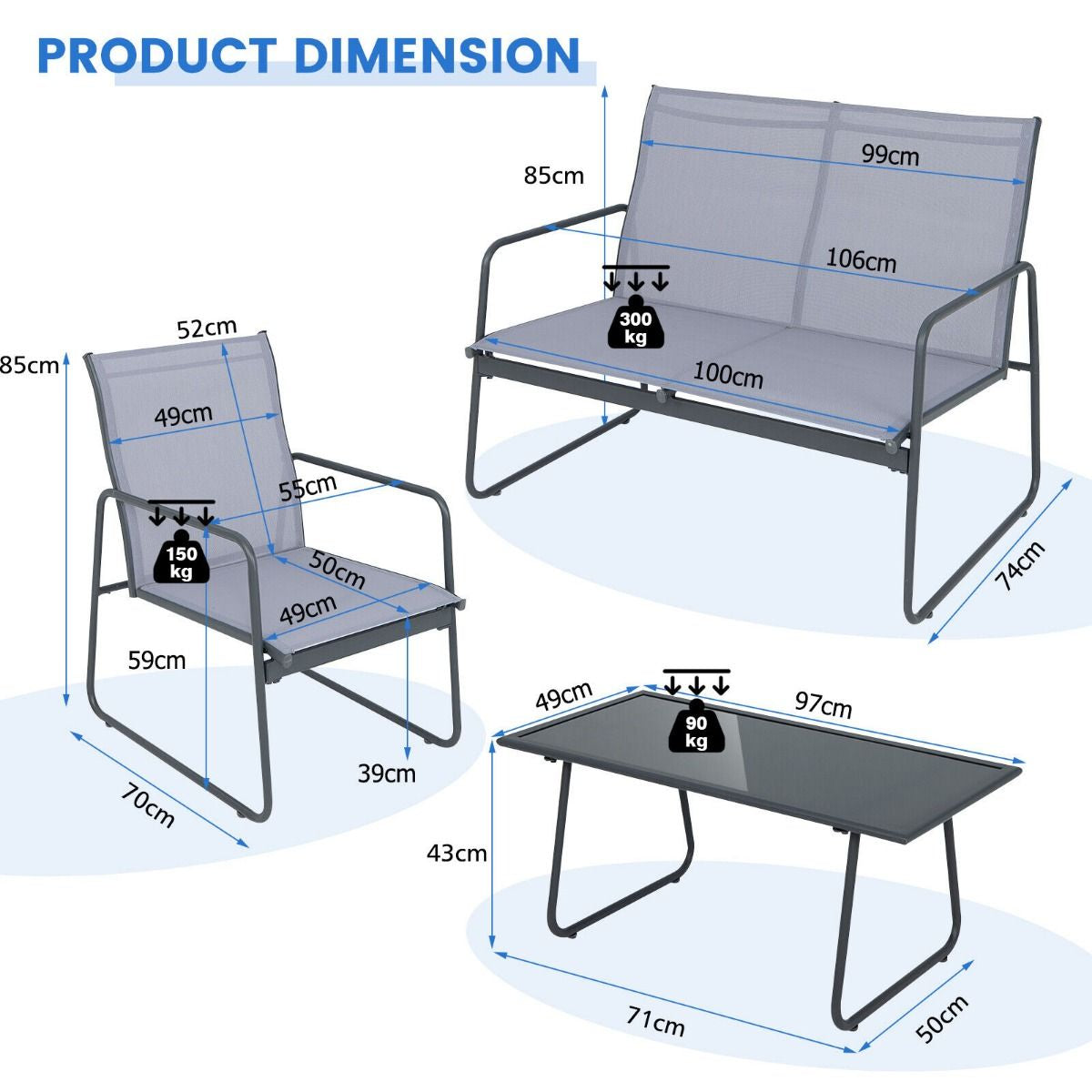 4 Piece Garden Patio Bistro Furniture Set with Loveseat, Coffee Table and 2 Chairs