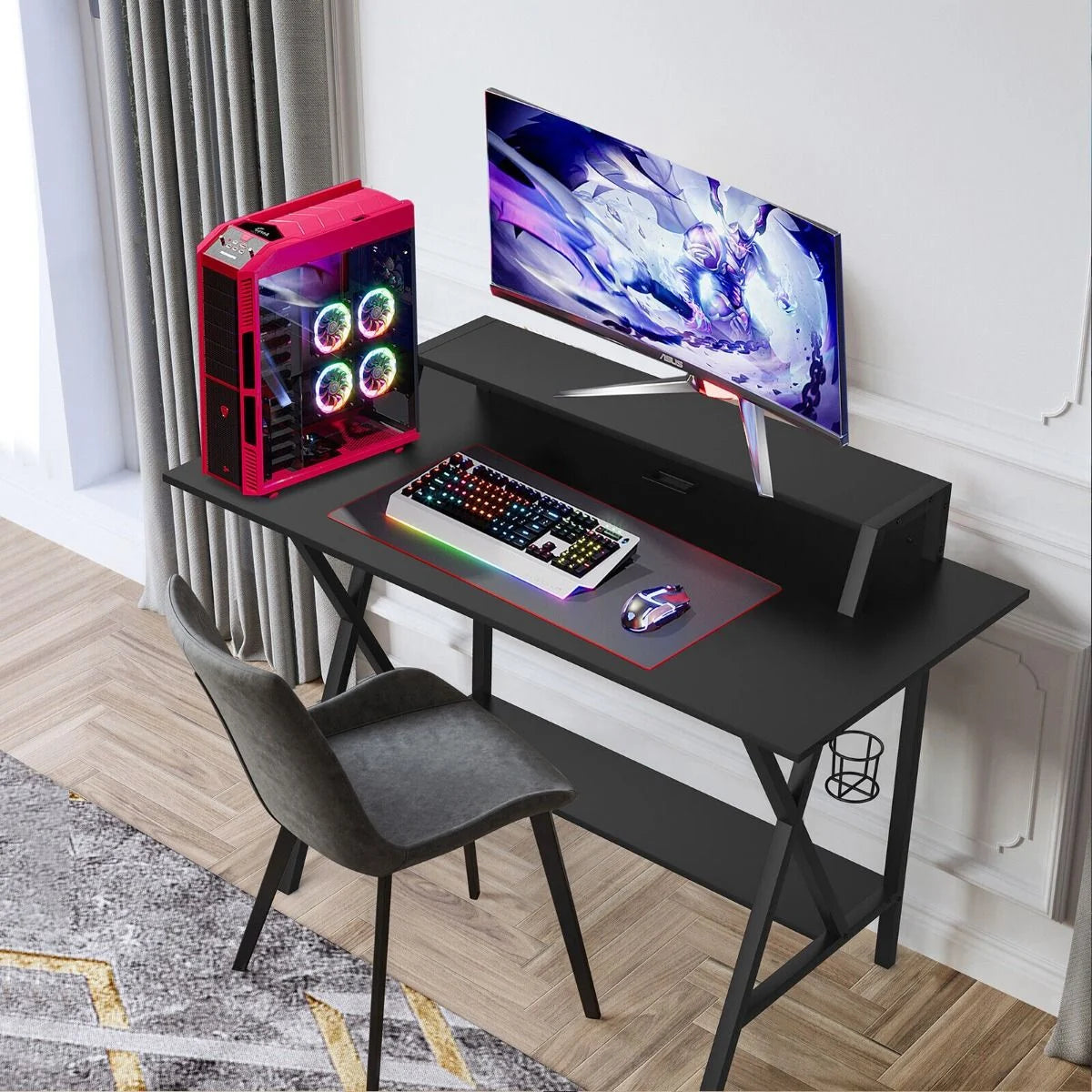 Ergonomic Gaming Computer Desk with Cup Holder and Monitor Riser