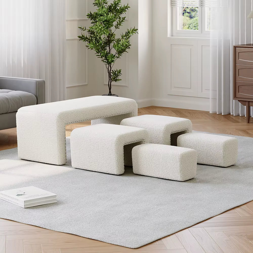 White Upholstered Teddy Fleece Ottoman Bench Set for Bedroom Living Room and Makeup Room