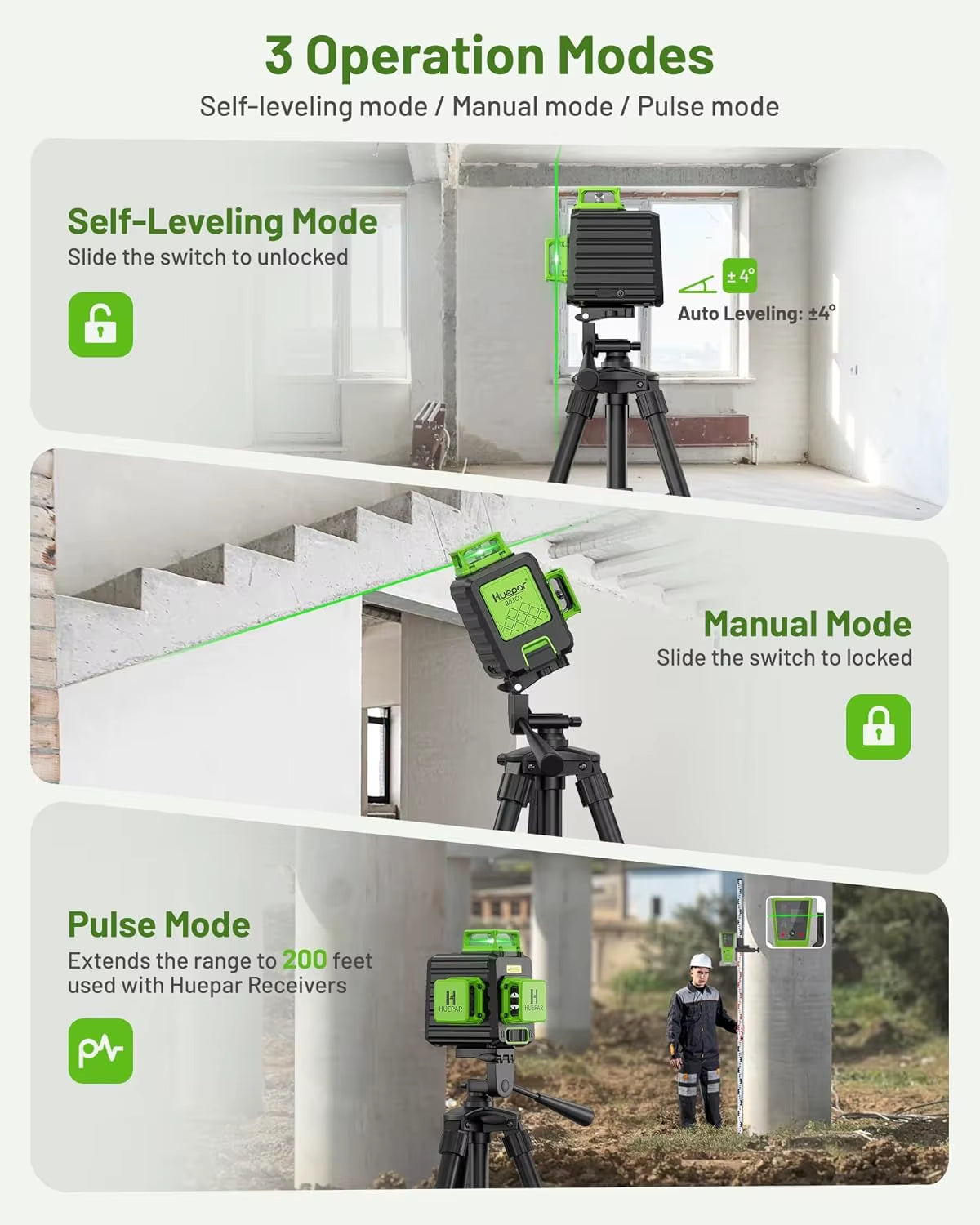 B03CG 12 Lines Laser Level 3D Self Leveling High Brightness Green Horizontal and Vertical Cross Line Laser with Hard Case