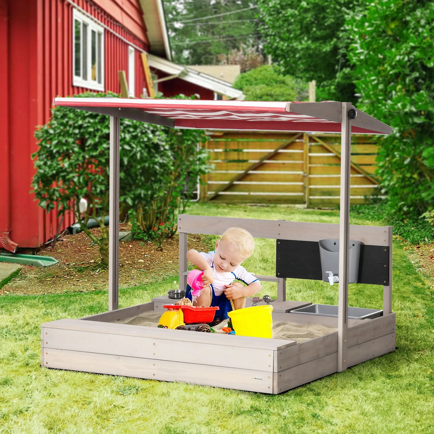 Deluxe Outsunny Wooden Sandbox for Kids with Canopy, Kitchen Accessories, Seating, and Storage - Perfect for Outdoor Fun!
