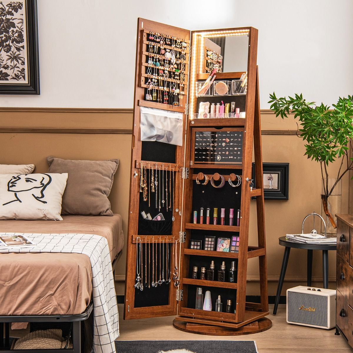 360-Degree Mirrored Jewelry Armoire with 3-Color Auto-On LED Lights