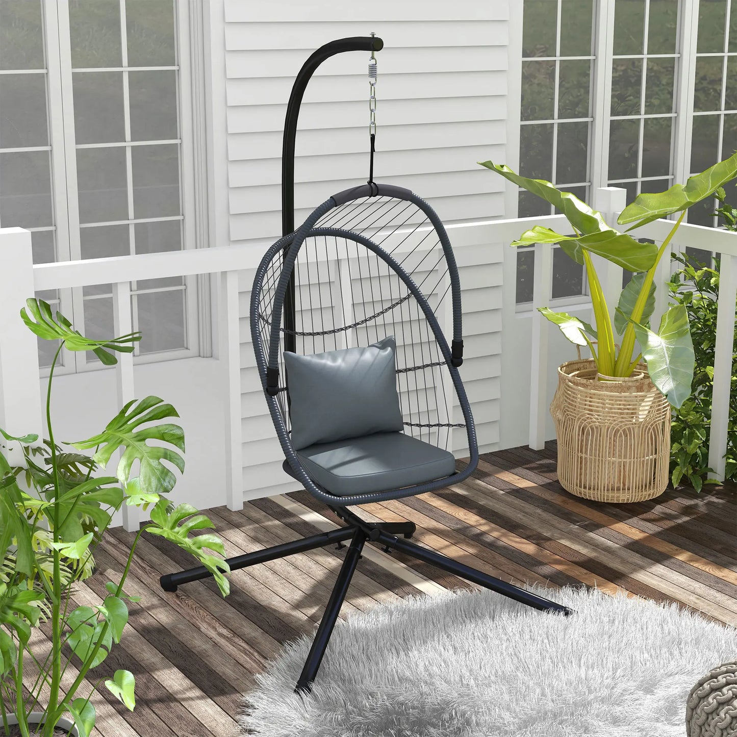 PE Hanging Swing Chair W/ Cushion, Patio Hanging Chair, Grey