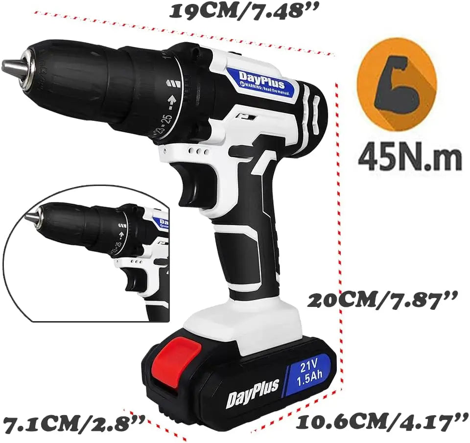 Cordless Drill Driver 21V, Power Tool Electric Screwdriver, 25+1 Torque, 2 Speed, LED Light, Combi Drill Kit for Home and Garden