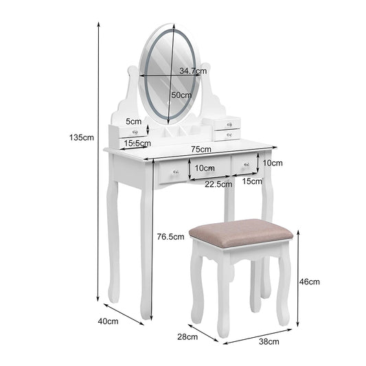 Modern Vanity Makeup Table and Cushioned Stool Set with 7 Drawers