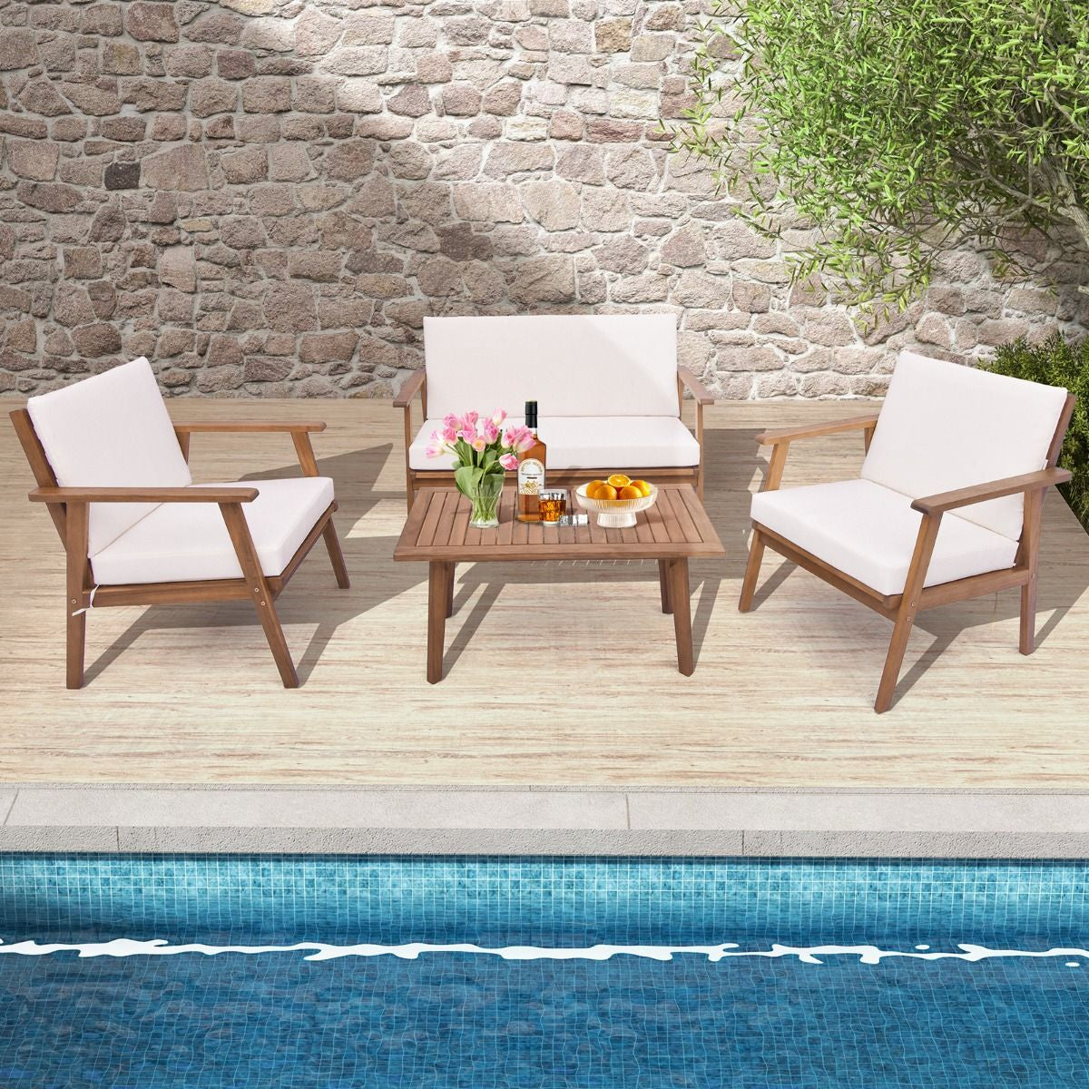 4 Piece Outdoor Conversation Set with Soft Seat and Back Cushions