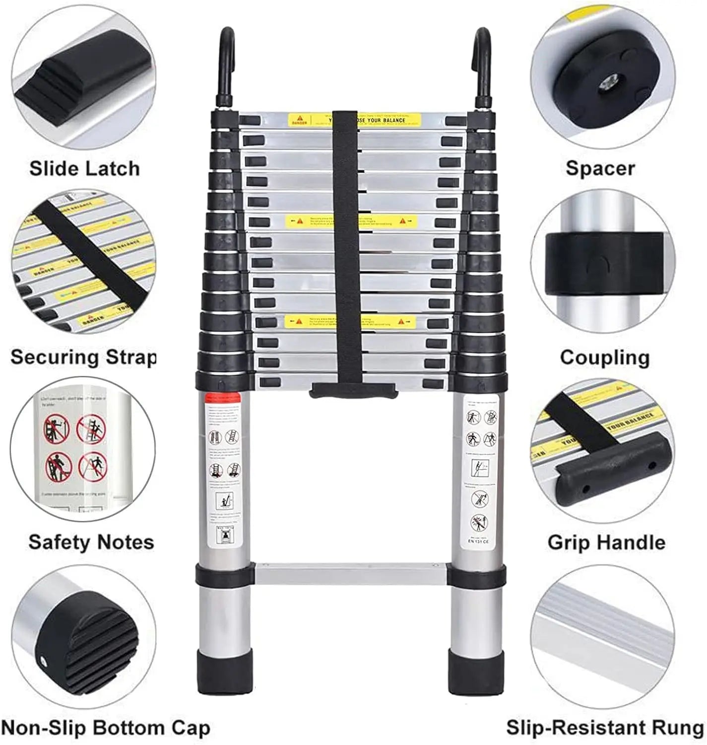 5M Telescopic Ladder with Hooks, 16.5FT Multi-Purpose Folding Aluminium Telescoping Ladder Foldable Ladder Extension Ladder Exte