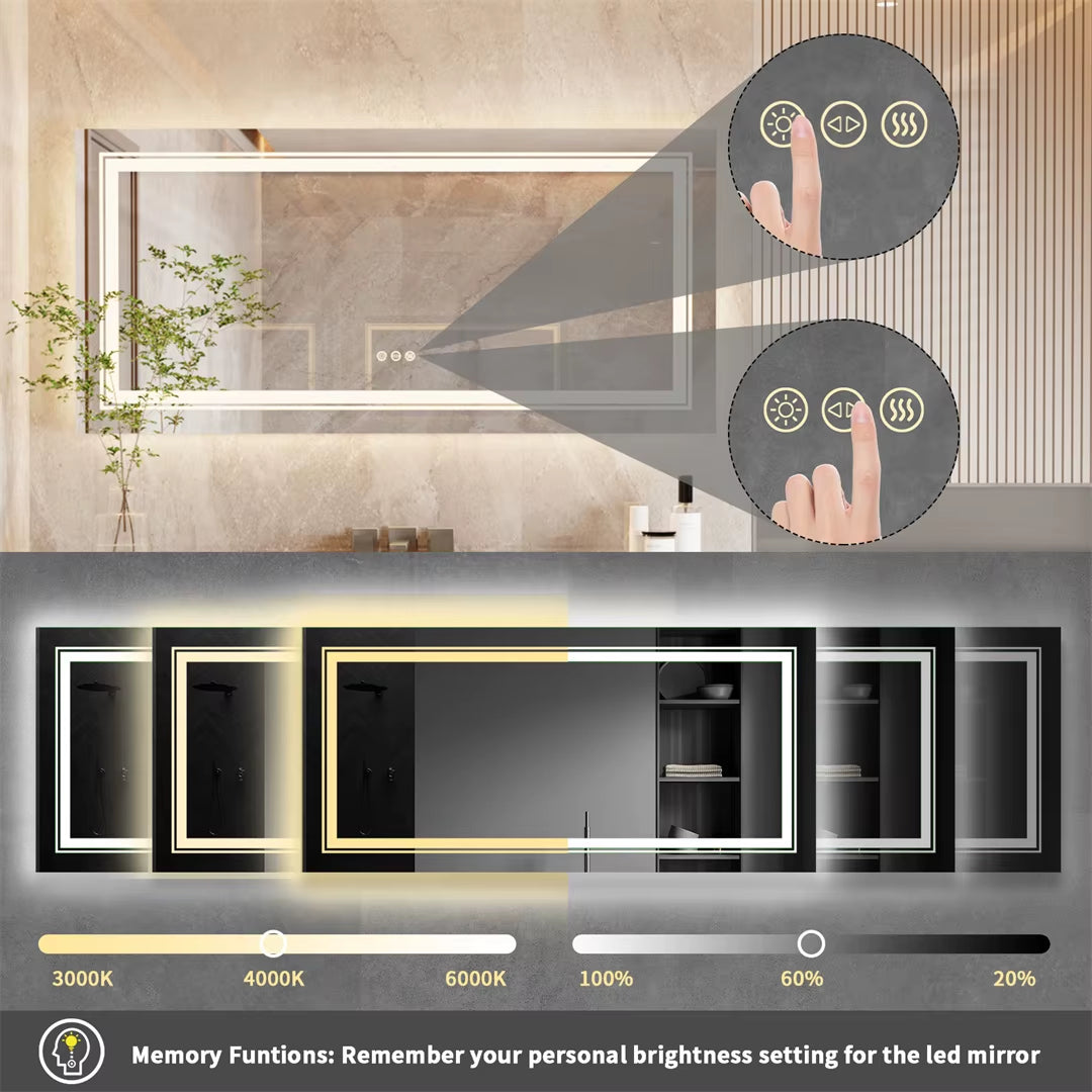 Large Illuminated Full-Length Dressing Mirror with Double Sink Design and Three Color Lighting Options