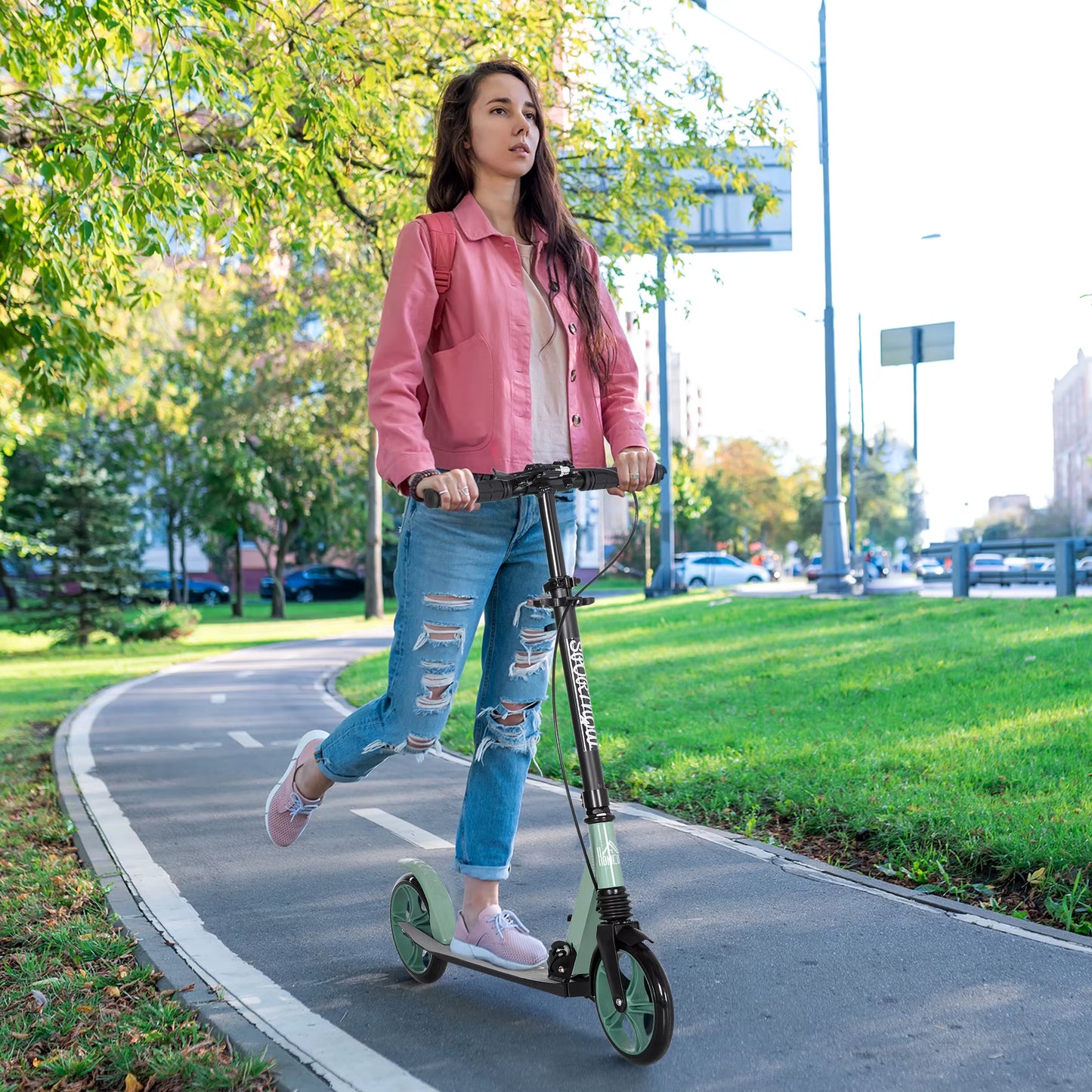 One-Click Folding Kick Scooter for 14+ W/ Adjustable Handlebar, Push Scooter with Kickstand, Dual Brake System