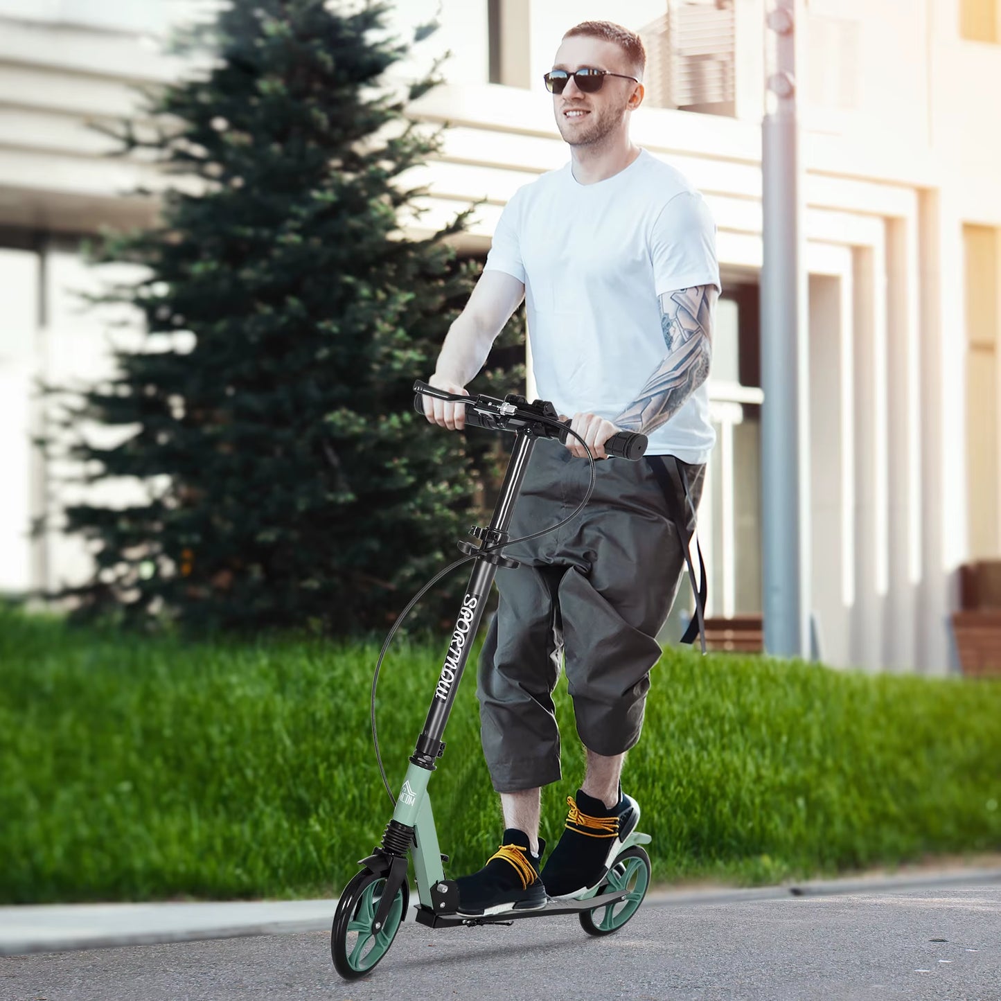 One-Click Folding Kick Scooter for 14+ W/ Adjustable Handlebar, Push Scooter with Kickstand, Dual Brake System