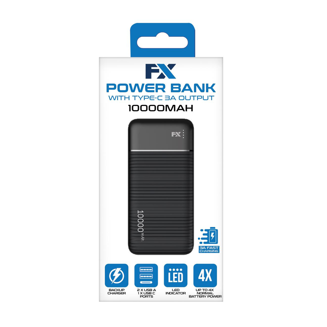 FX 10,000mAh Fast Charge Powerbank - Dual USB & Type-C, Sleek Black Design