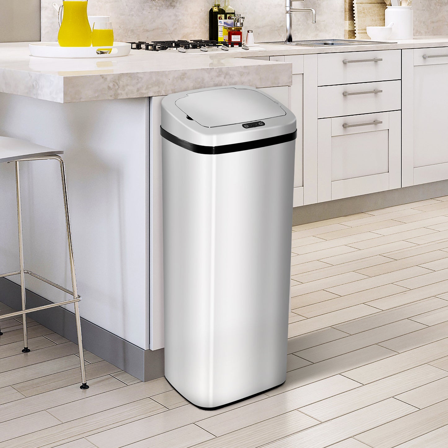 50L Motion Sensor Trash Bin - ABS, Silver/Black, Touchless Lid