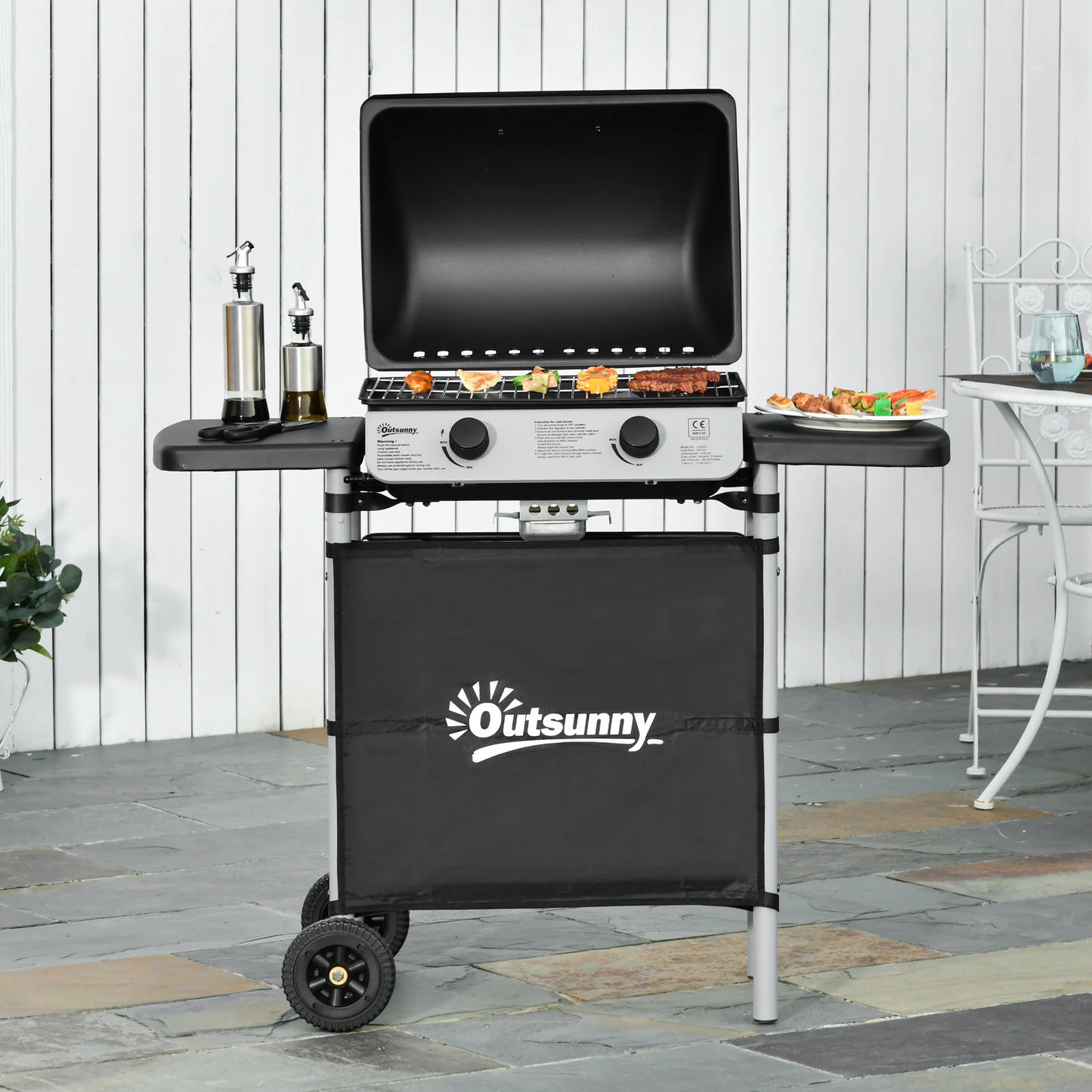 Propane Gas Barbecue Grill 2 Burner Cooking 5.6 Kw W/ Side Shelves