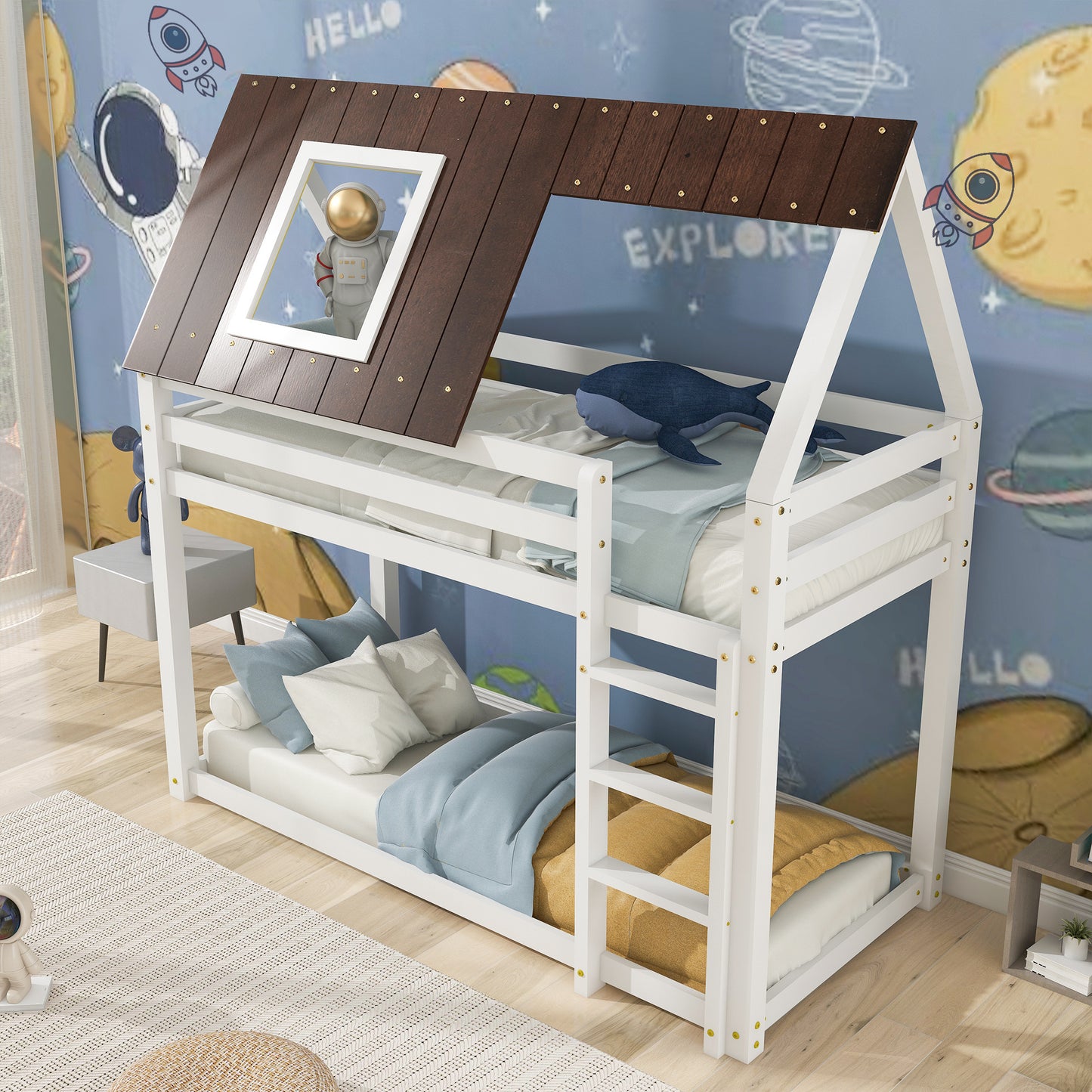 3FT Solid Pine Wood Single Bed Frame Bunk Bed with 3-step-ladder