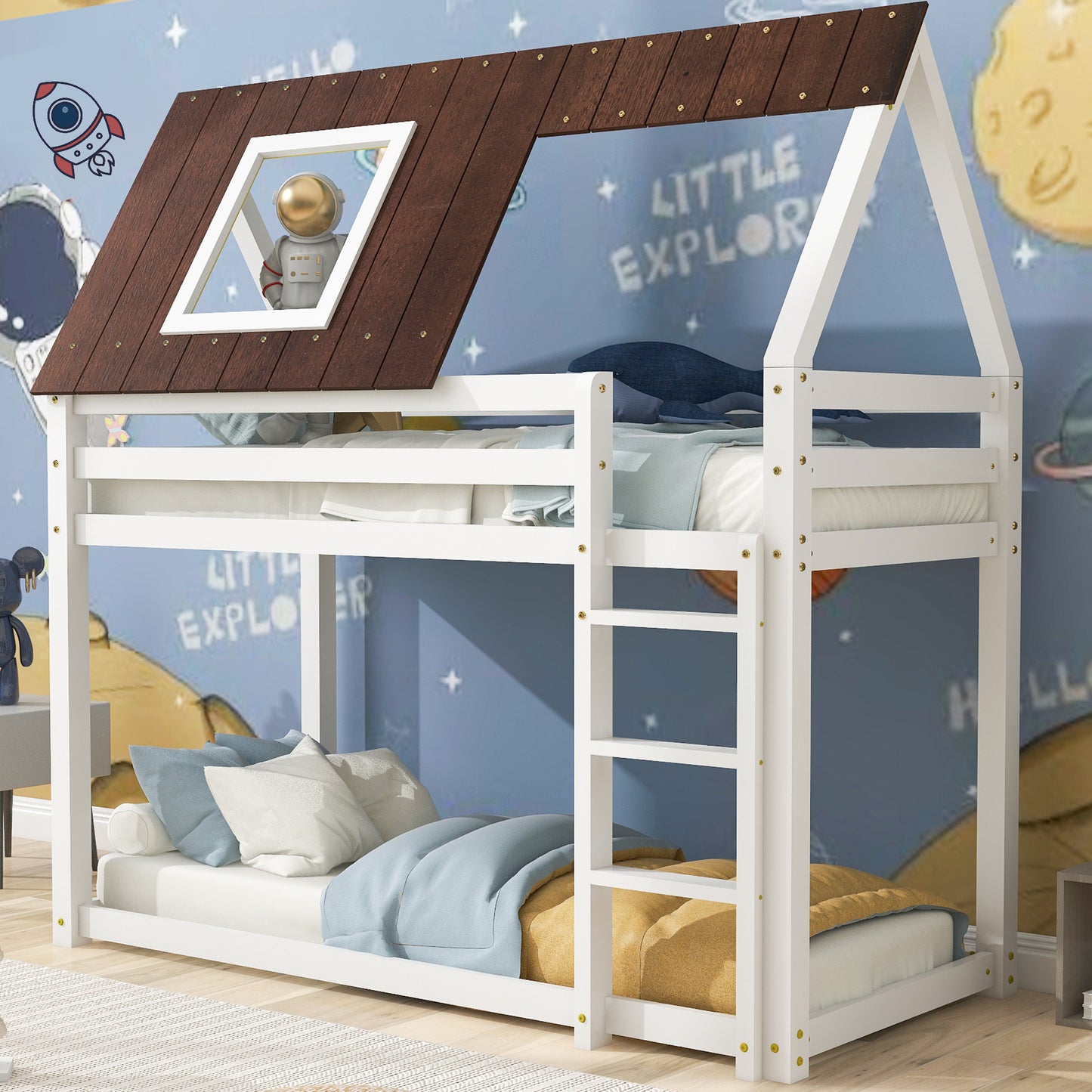 3FT Solid Pine Wood Single Bed Frame Bunk Bed with 3-step-ladder