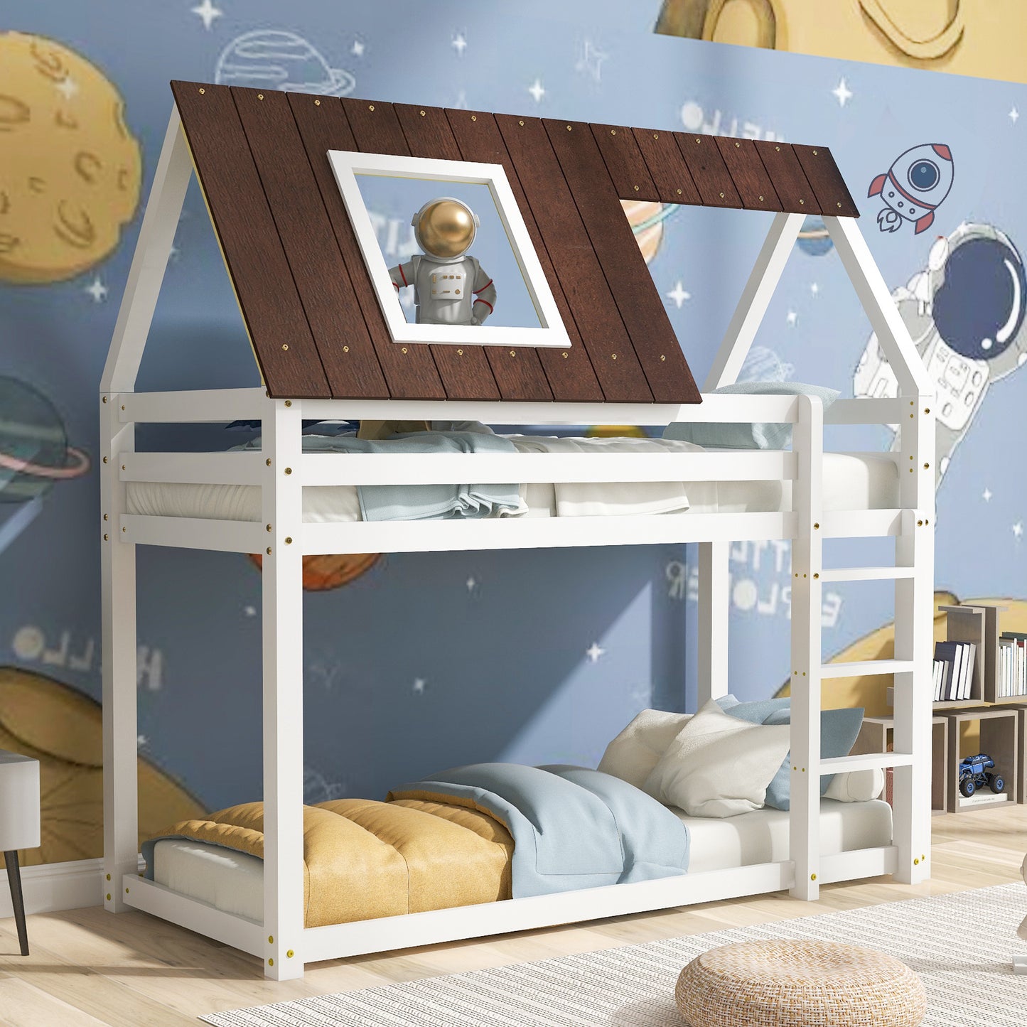 3FT Solid Pine Wood Single Bed Frame Bunk Bed with 3-step-ladder