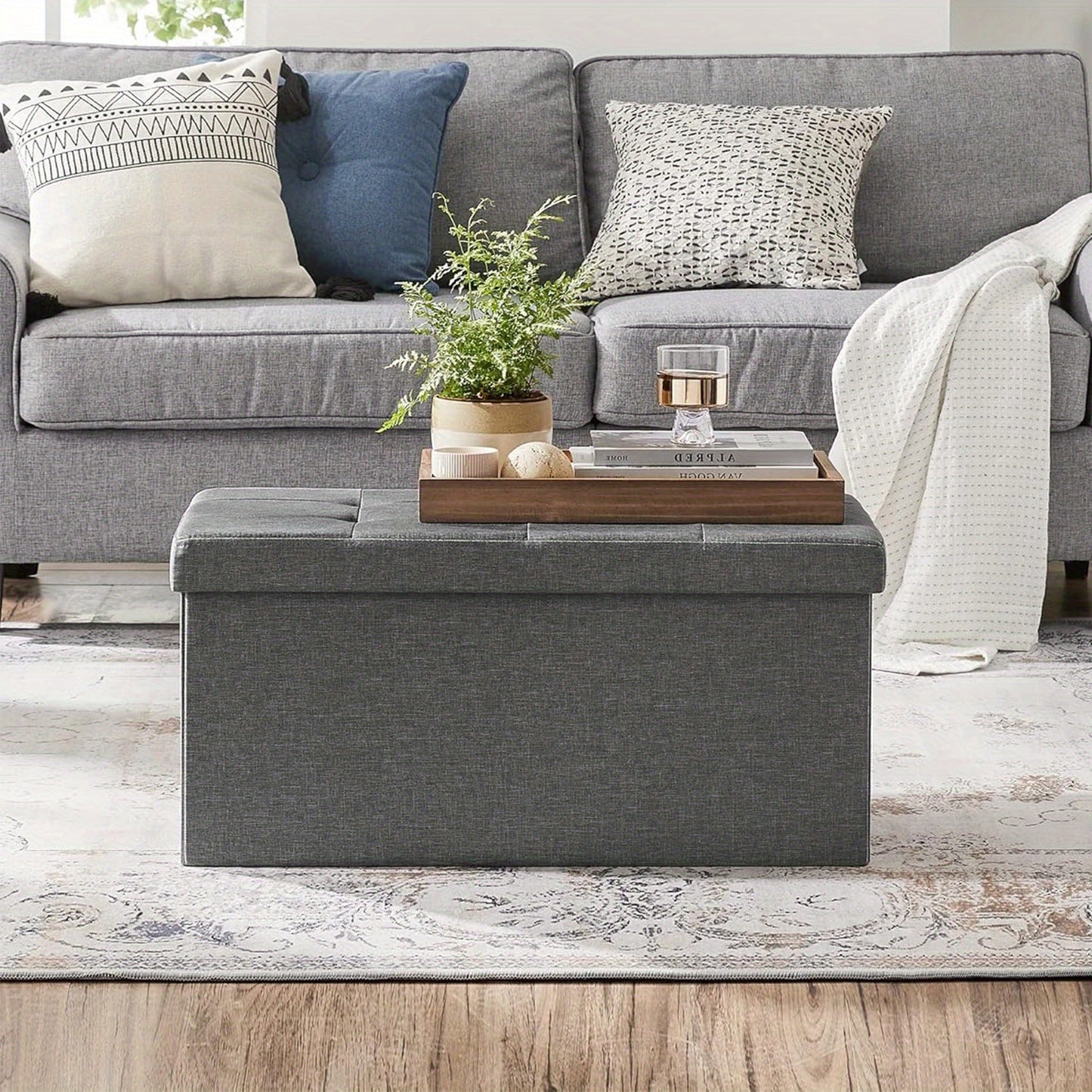 Large-Capacity 80L Foldable Storage Ottoman Stool - Heavy-Duty 300kg Dark/ Grey