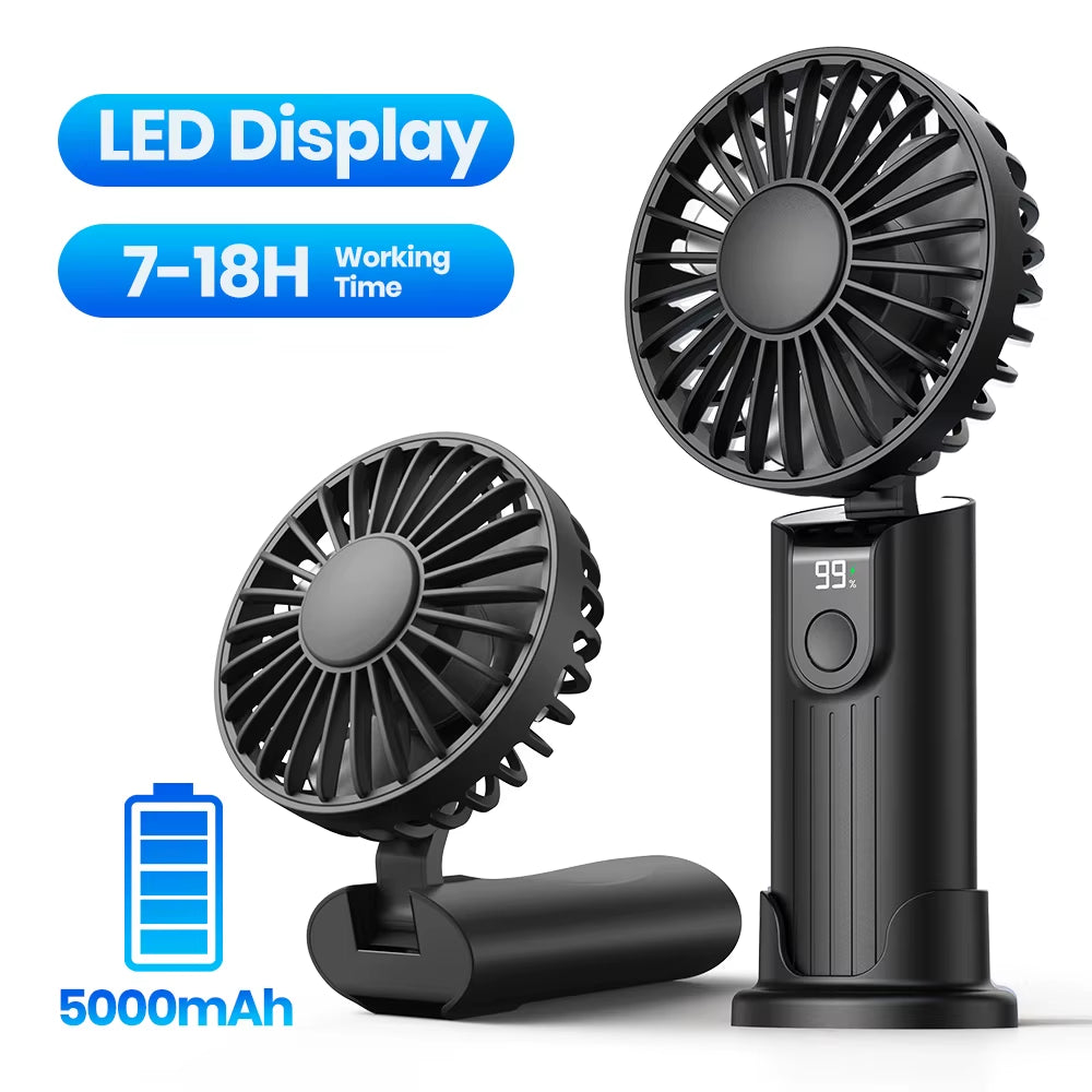 Portable Handheld Fan 5000Mah USB Rechargeable Foldable Fan 3 in 1 Personal Travel Fan with Digital Display Desk Fan
