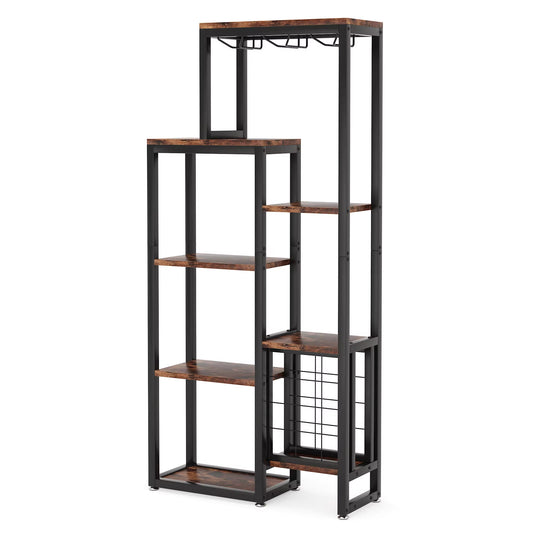 Stylish 5-Tier Freestanding Wine Rack with Glass Holder - Industrial Wine Storage & Display Shelf