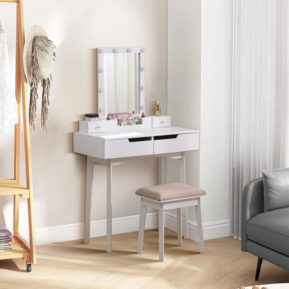 Modern Vanity Makeup Table and Cushioned Stool Set with 4 Drawers, White