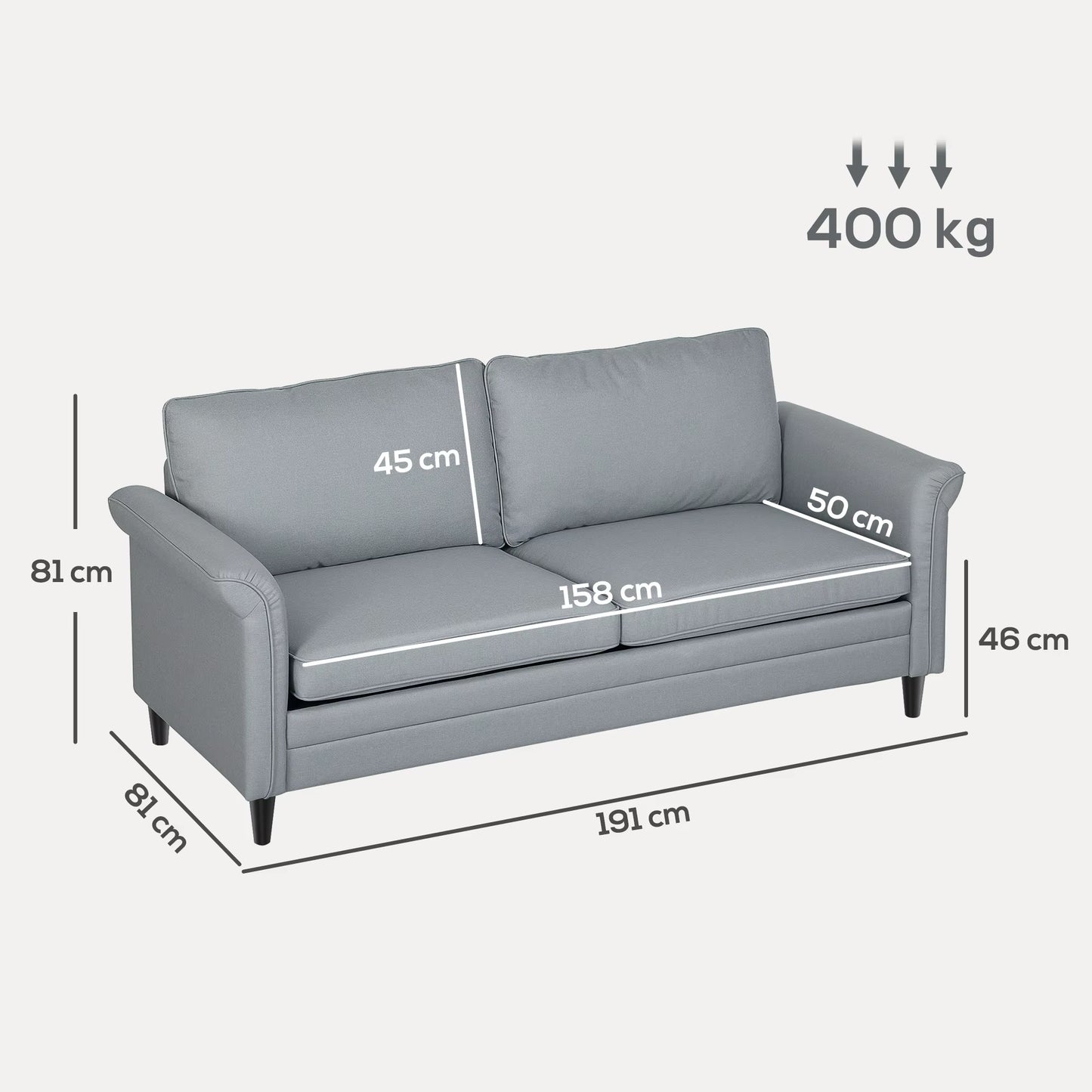 Modern 3 Seater Sofa for Living Room, Fabric Couch Settee, Grey