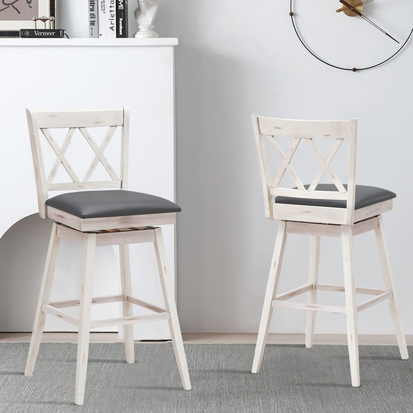 Set of 2 Counter Height Bar Stool with Foot Rest Upholstered Cushion