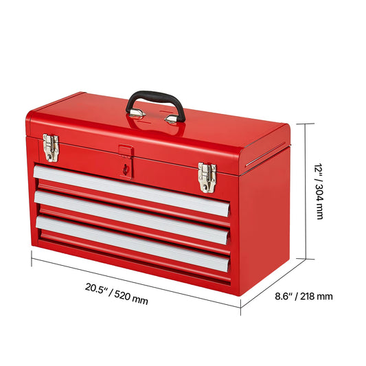 20In 3-Drawer Metal Tool Box Black/Red Tool Chest with EVA Liners Multifunction Tool Organizer for Garage & Workshop