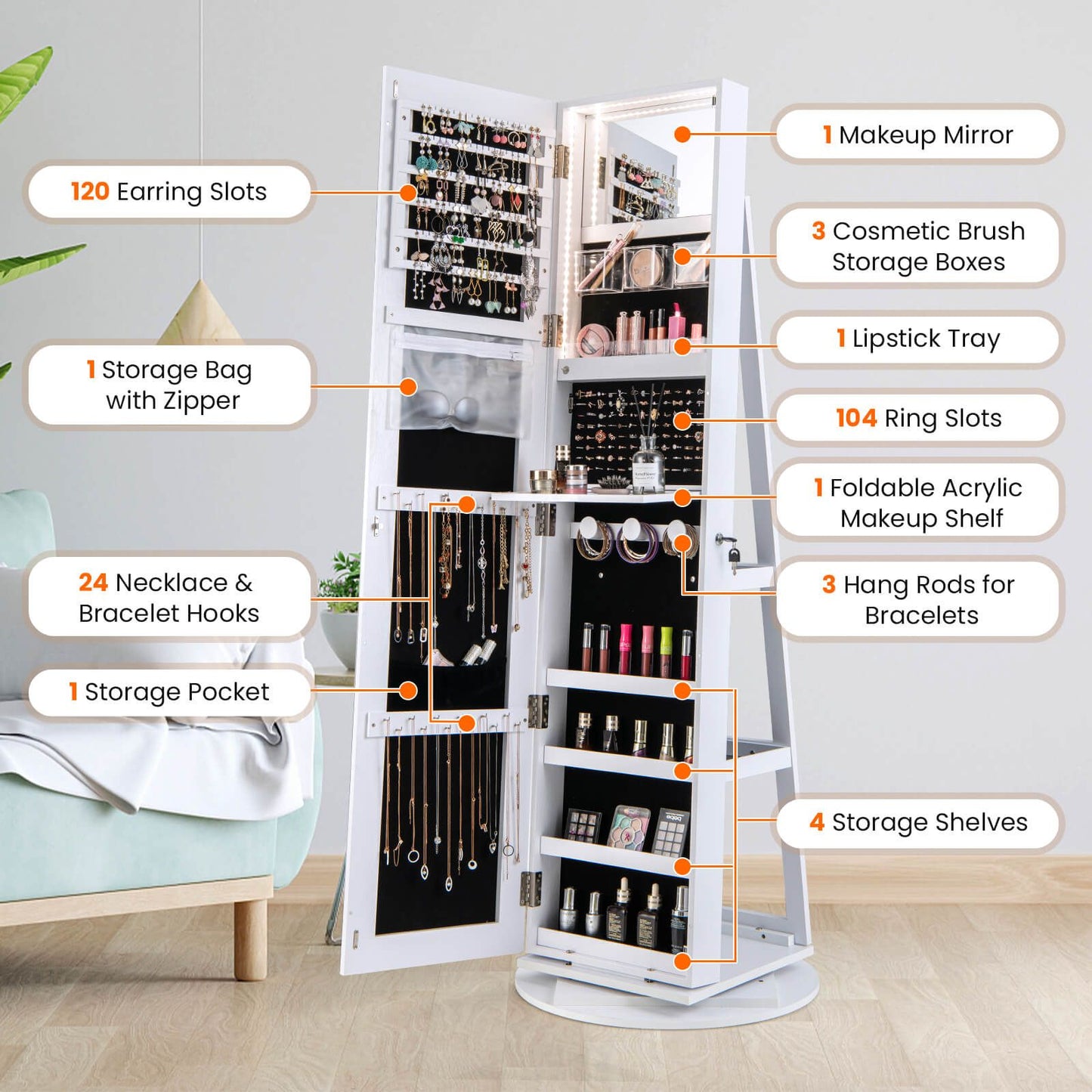 360-Degree Mirrored Jewelry Armoire with 3-Color Auto-On LED Lights