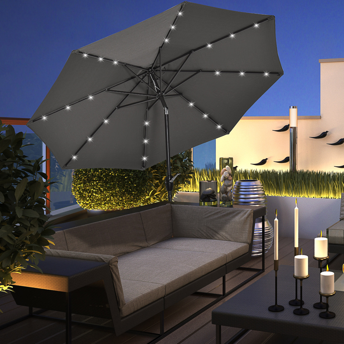 Solar-Powered Wall-Mounted Umbrella with Adjustable LED Lights & Vent Design