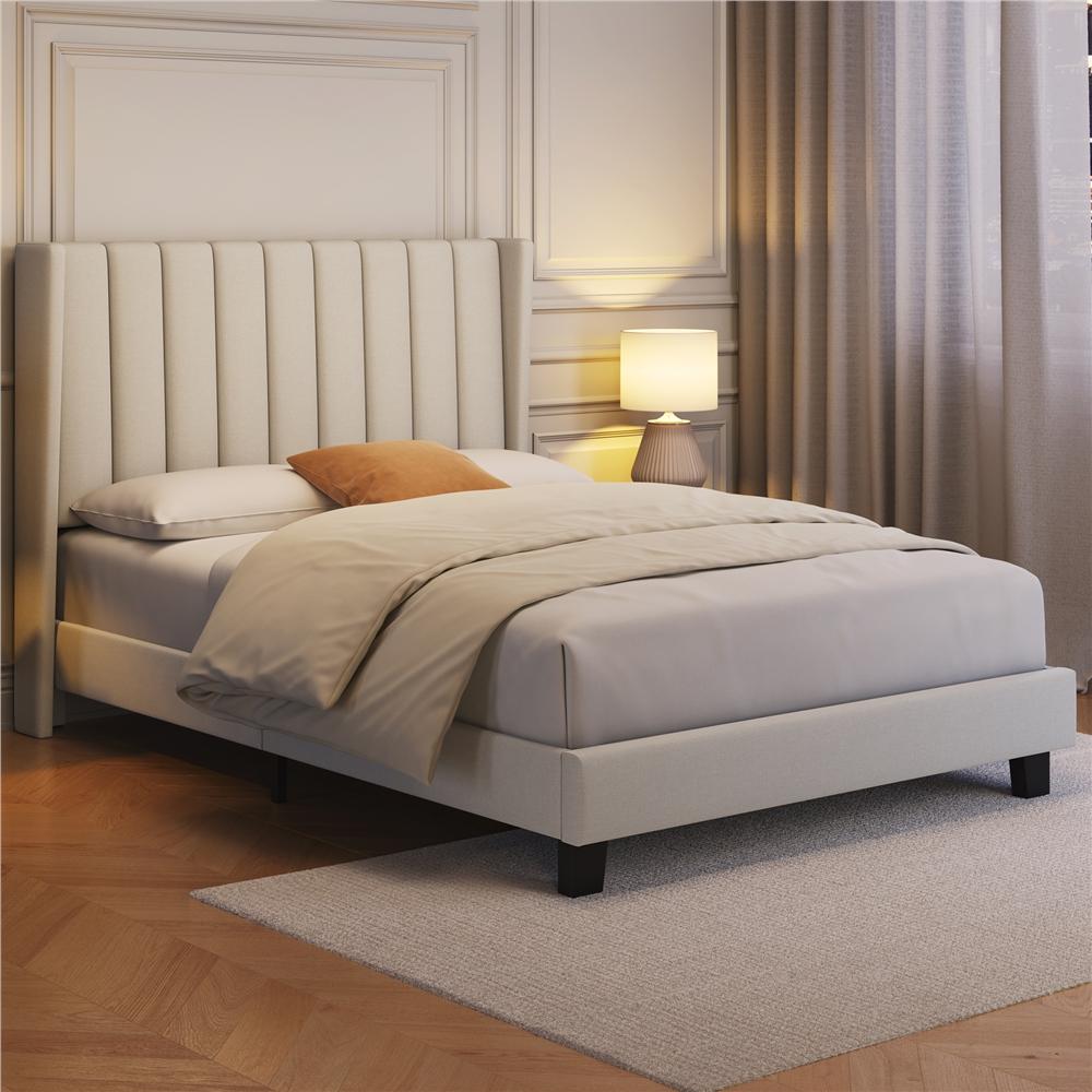Upholstered Bed Frame, Double/King Size Bed Frame, Platform Bed Frame with Channel Tufted Headboard, Upholstered Bed Frame