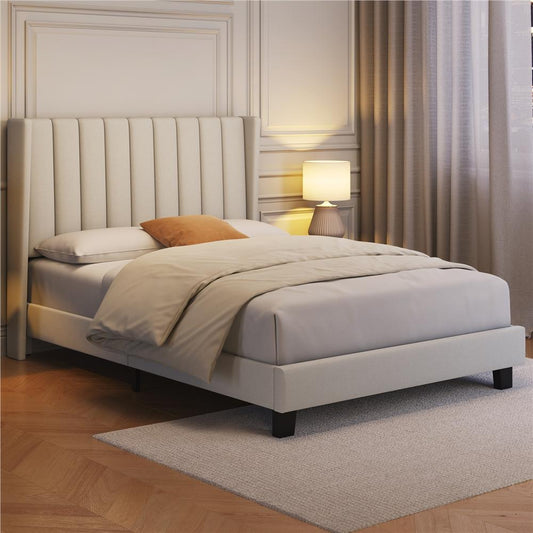 Upholstered Bed Frame, Double/King Size Bed Frame, Platform Bed Frame with Channel Tufted Headboard, Upholstered Bed Frame