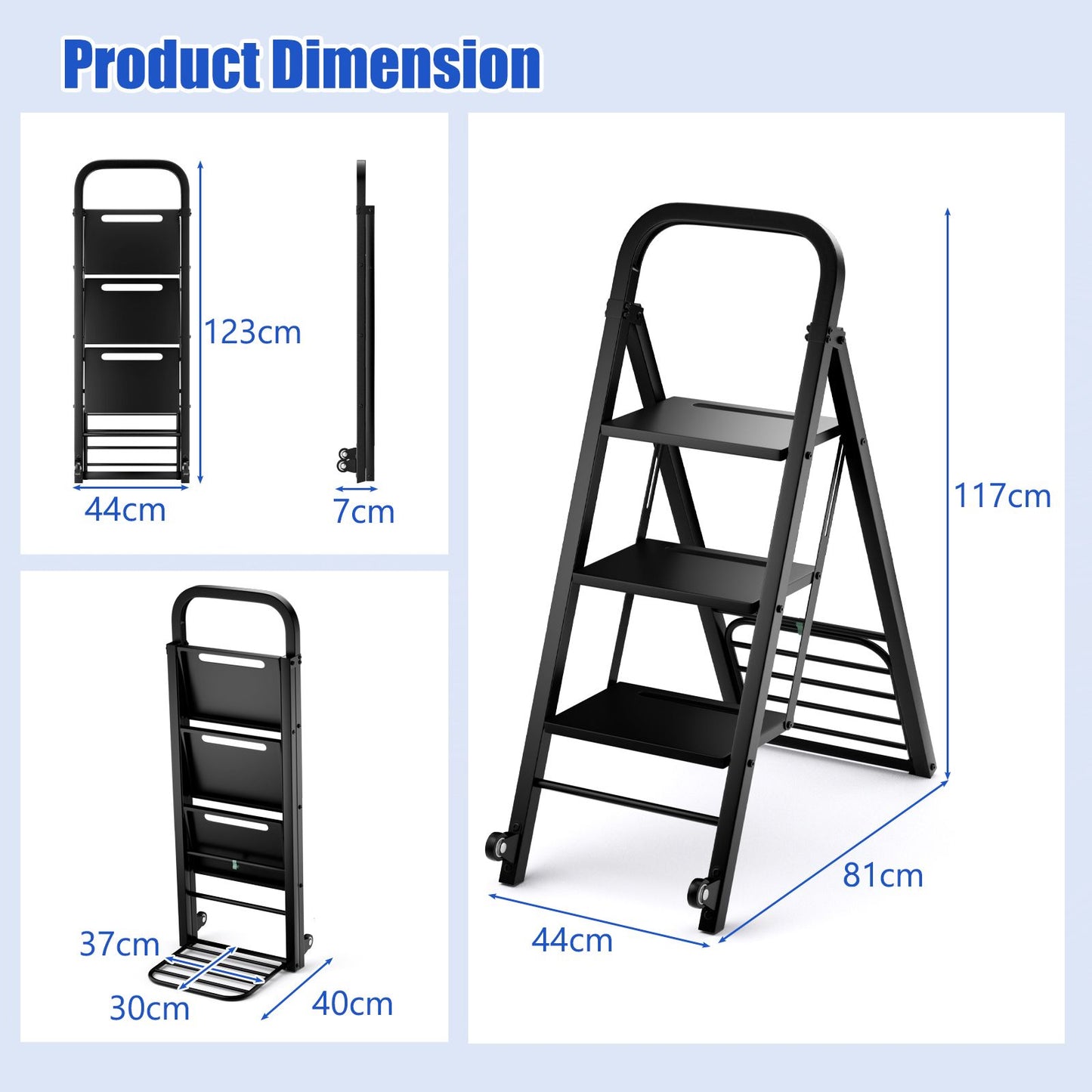 2-In-1 Hand Truck and Ladder Foldable 3-Step Ladder with Non-Slip Wide Pedals