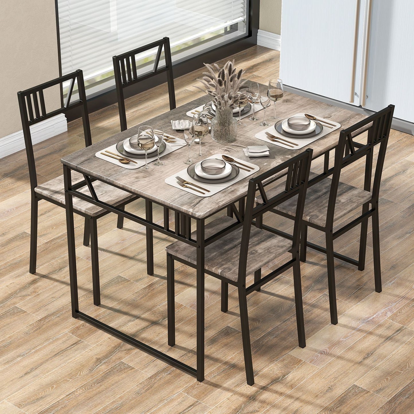 Stylish Industrial Kitchen Table Set with 4 Chairs - Wood-Look Top & Sturdy Metal Frame