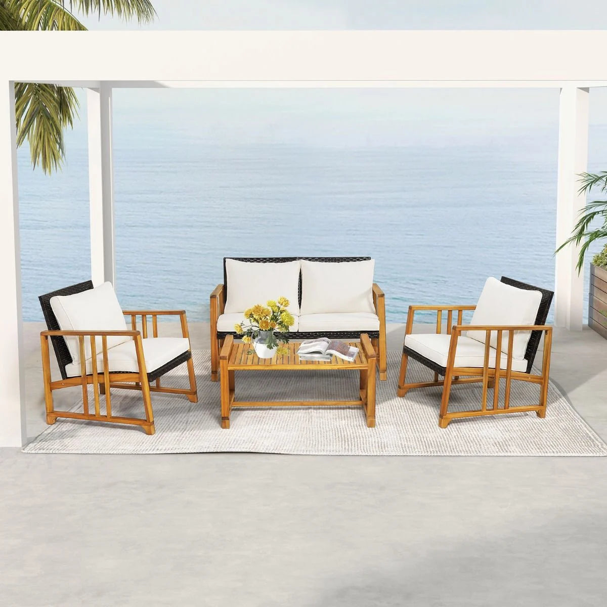 Outdoor Mix Brown Rattan Set with Acacia Wood Frame and Back Cushions
