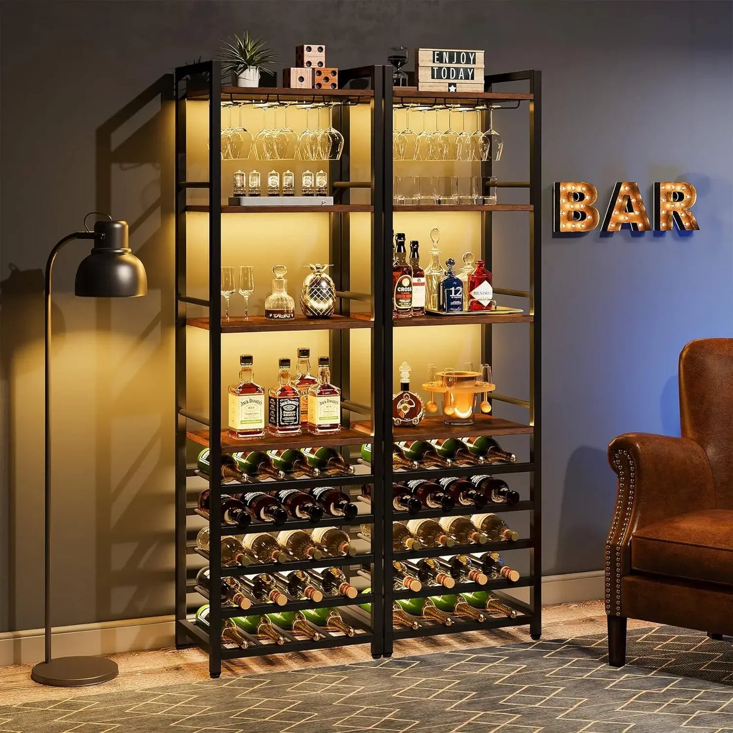 20 Bottle Wine Bakers Rack, 9 Tier Freestanding Wine Rack with Glass Holder and Storage Shelves