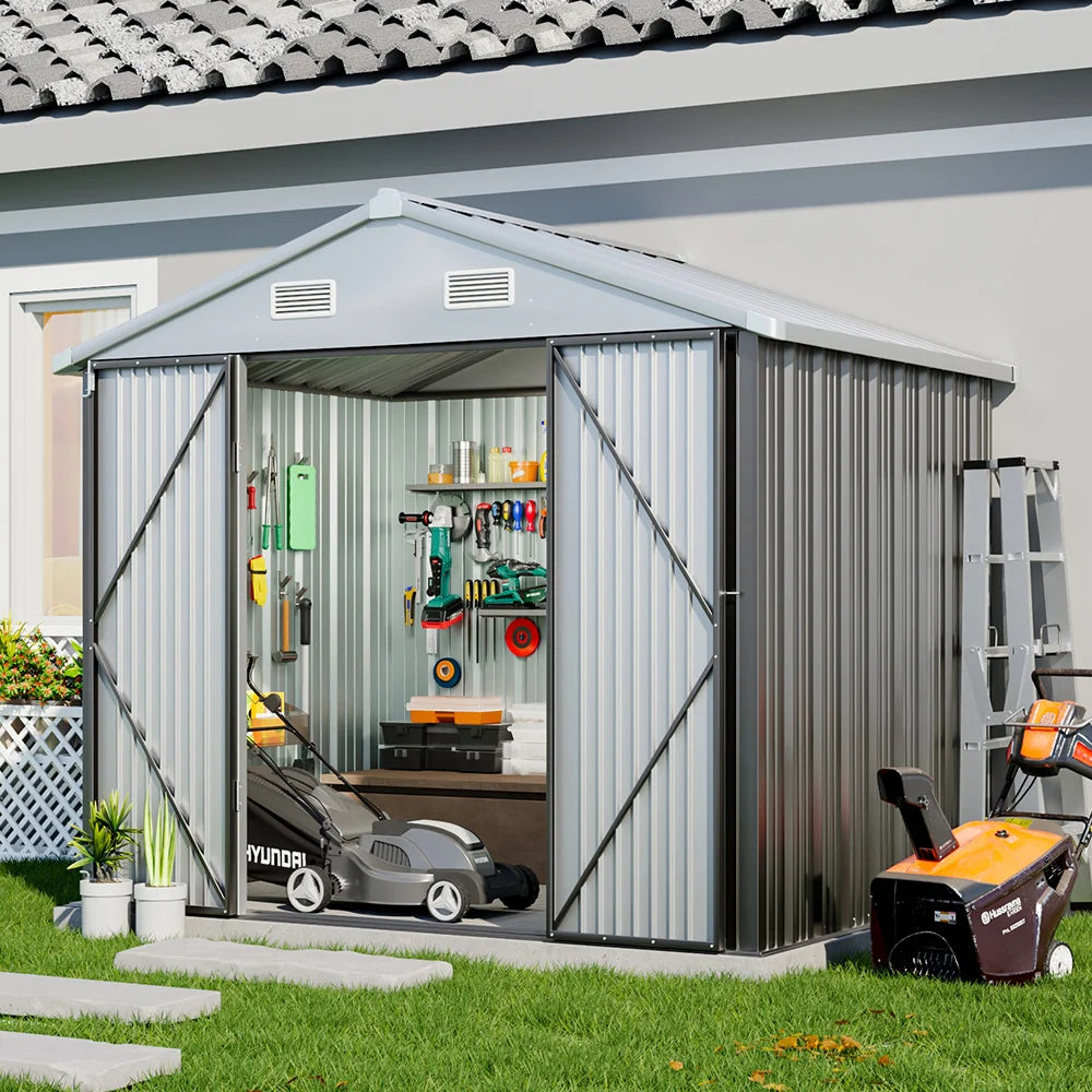 【】6 X 8 FT Outdoor Metal Storage Shed with Floor Frame Base, Galvanized Steel Garden Shed with 4 Ventilation Openings