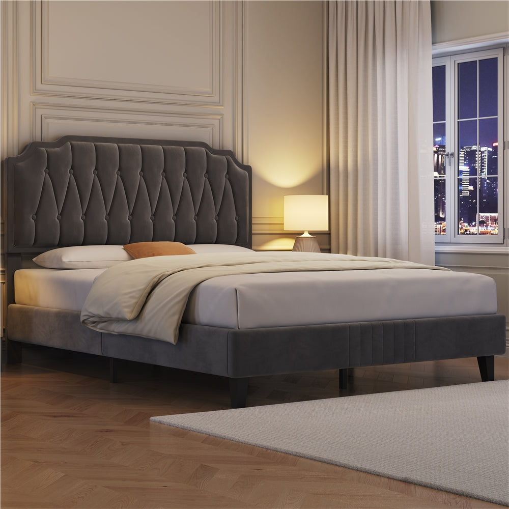 Double/King Bed Frame Upholstered Platform Bed with Adjustable Button Tufted Headboard/Velvet
