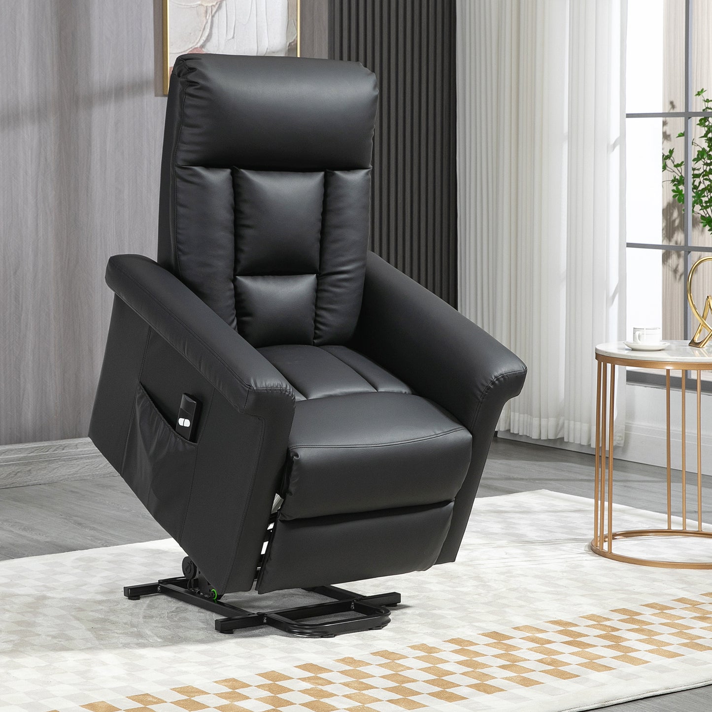 Power Lift Chair with PU Leather, Electric Recliner, Side Pocket, Black